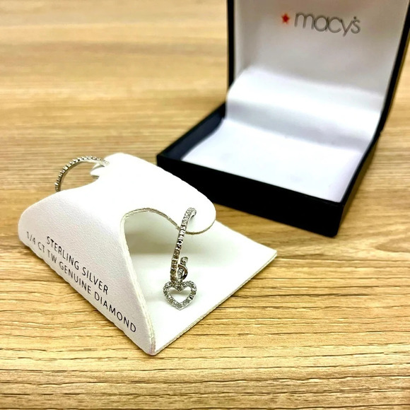 Sterling Silver and Diamond Hoop Earrings w/ Floating Hearts - Picture 1 of 8